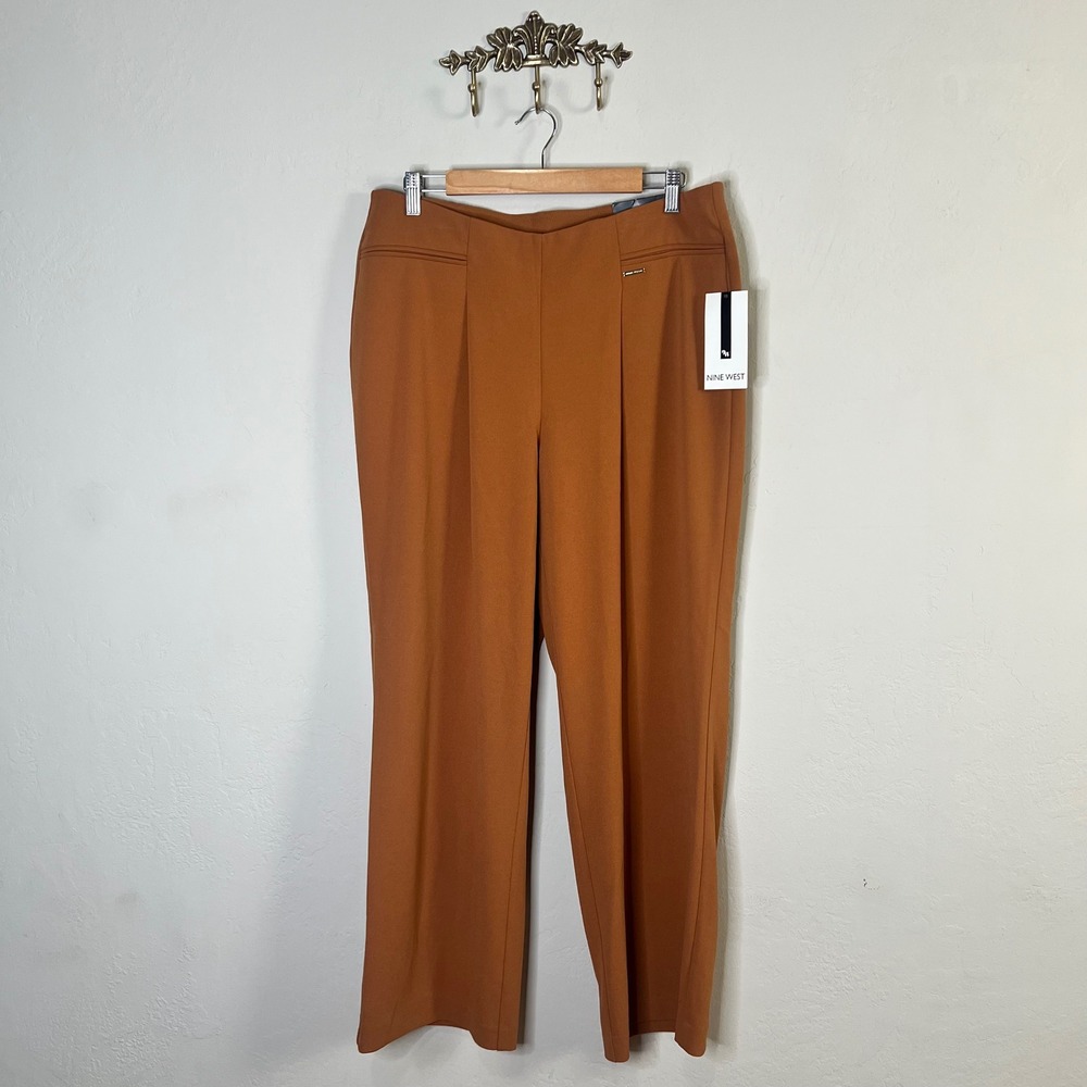 Nine West Pants High Rise Wide Leg Women Size L Toffee Orange Crepe Trouser NEW